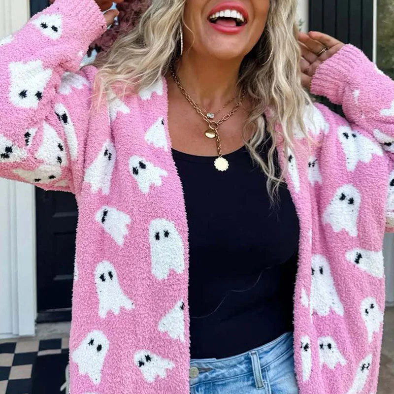 

Женское повседневное мягкое вязаное пальто с v-образным вырезом, элегантный удобный осенне-зимний свитер, кардиган с длинными рукавами и принтом на Хэллоуин