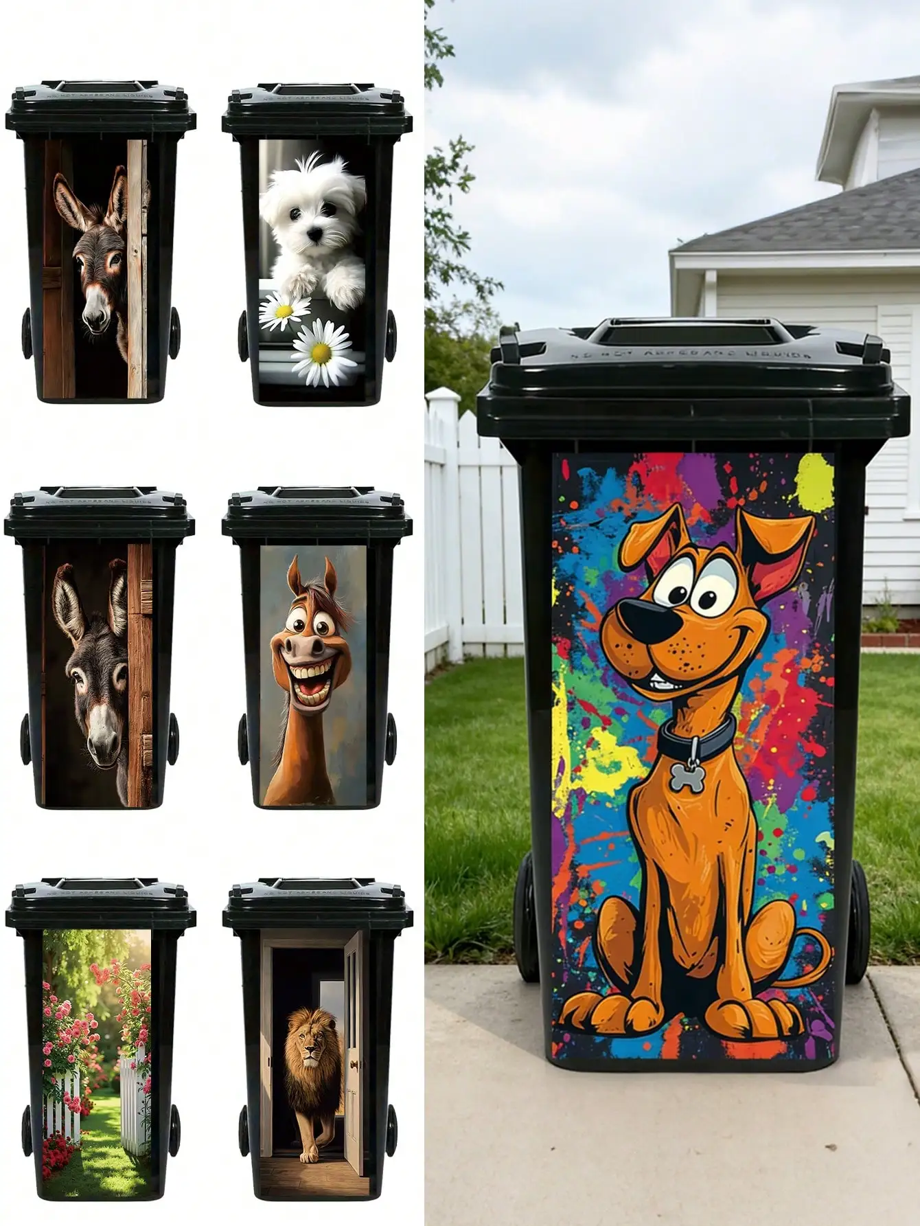 Waterproof Cartoon Animal Trash Can Stickers Dog Donkey Lion Horse Funny Removable Decal Indoor Outdoor Kitchen Garden Bin Decor
