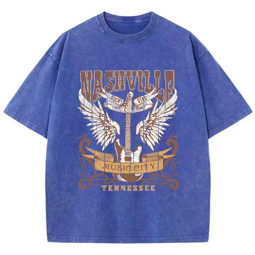 Summer Women Cotton Washed T-Shirts Nashville Music City Tennessee Print Tee Shirts Distressed O-Neck Loose Tops Female Clothes