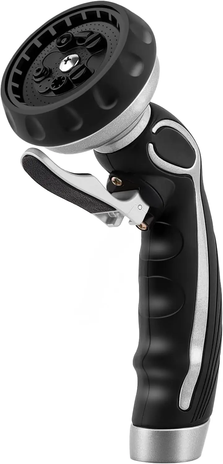 

Сверхмощная металлическая насадка для шланга с 9 форсунками, самоблокирующимся триггером, клапаном включения/выключения — серебристый