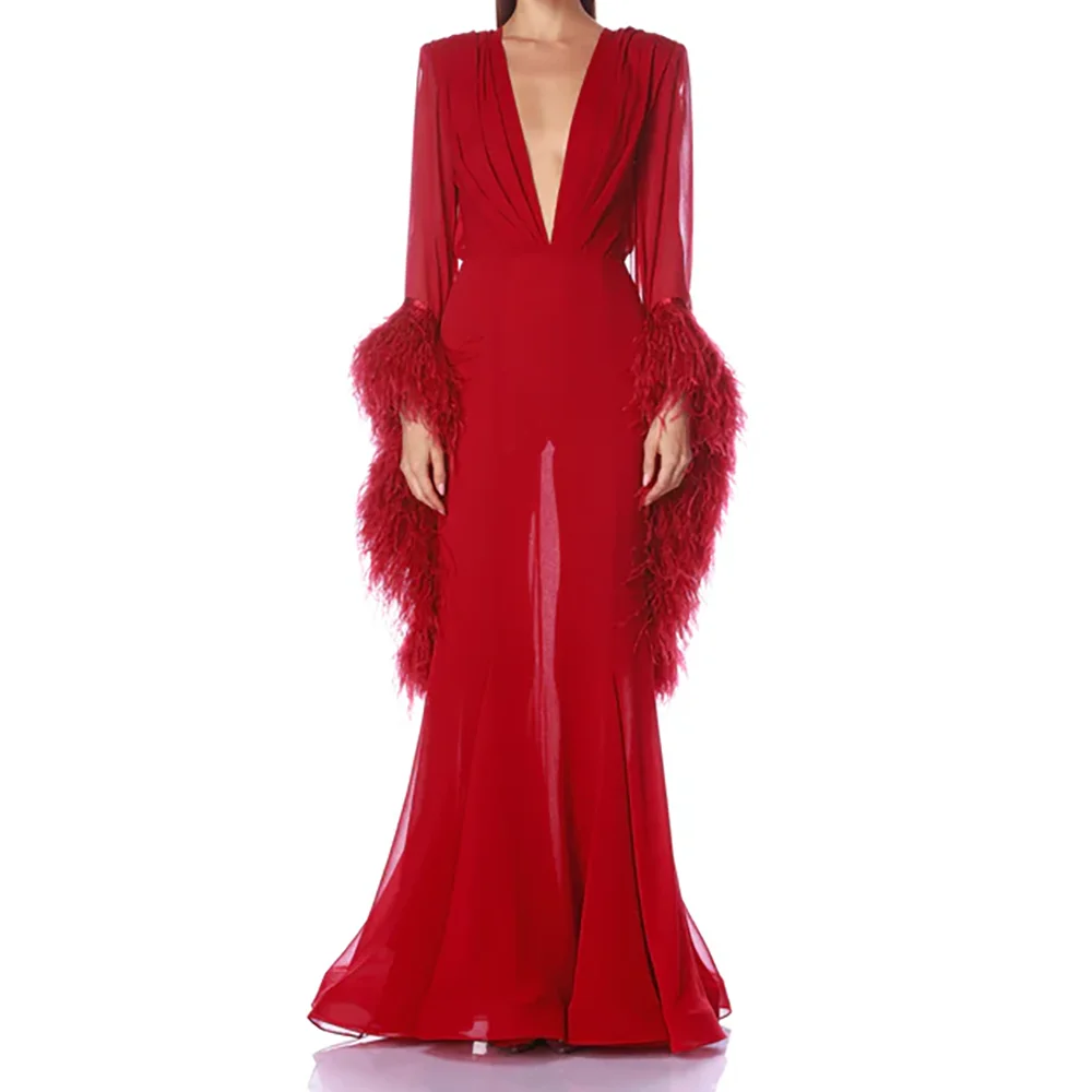 

Элегантные шифоновые платья с глубоким v-образным вырезом и перьями с длинными рукавами Русалка Вечерние платья для дня рождения и выпускного вечера по индивидуальному заказу