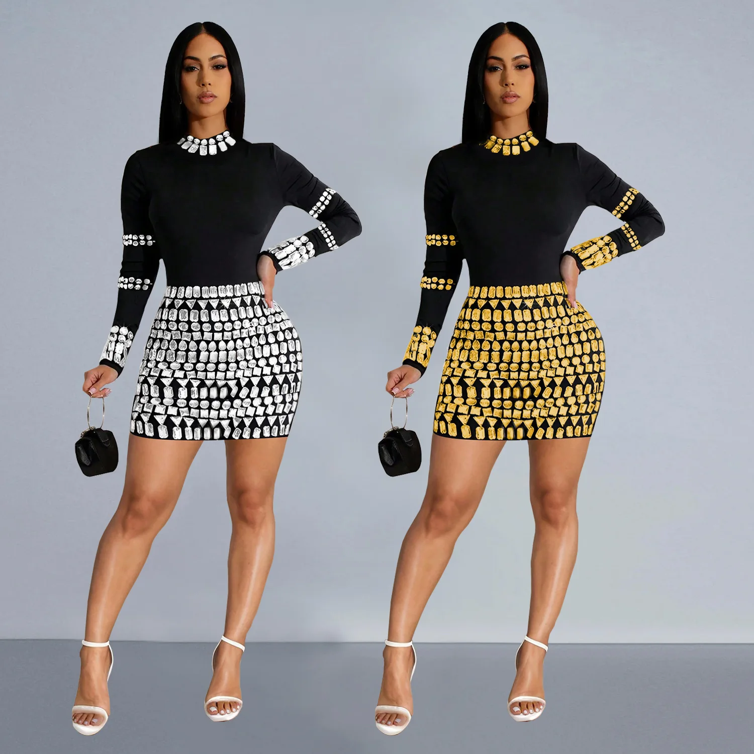 

Women Dress Spring Fashion Rhinestone Long Sleeve Round Neck Slim-Fit Dress Lady Elegant Tight Birthday Club Party Evening Dress
