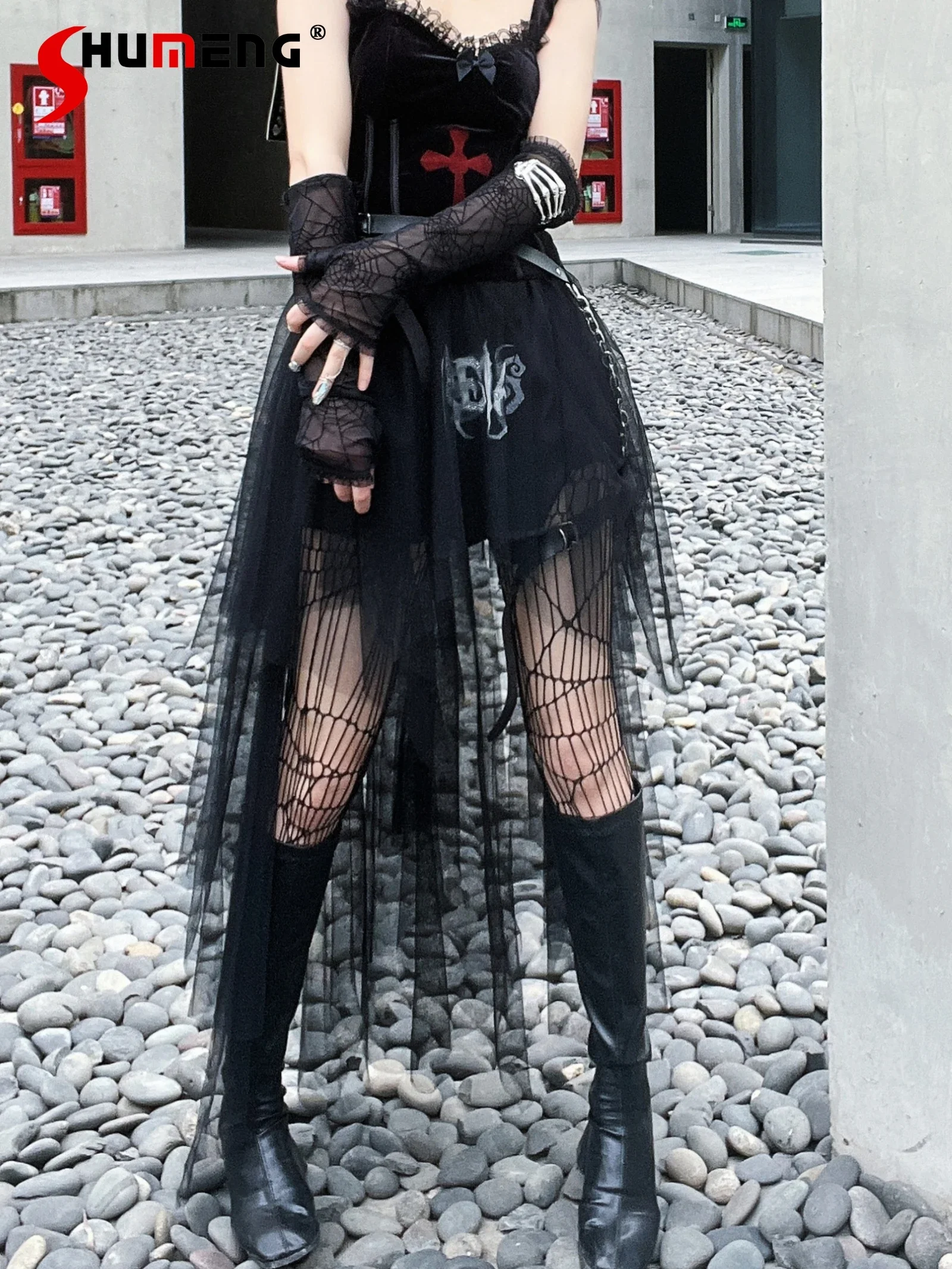 

Dark Rock Gauze Skirt Japanese Harajuku Hot Girl High Waist Slim-Fit Elegant Irregular Mid-length Skirt Women Gothic Y2k Skirts