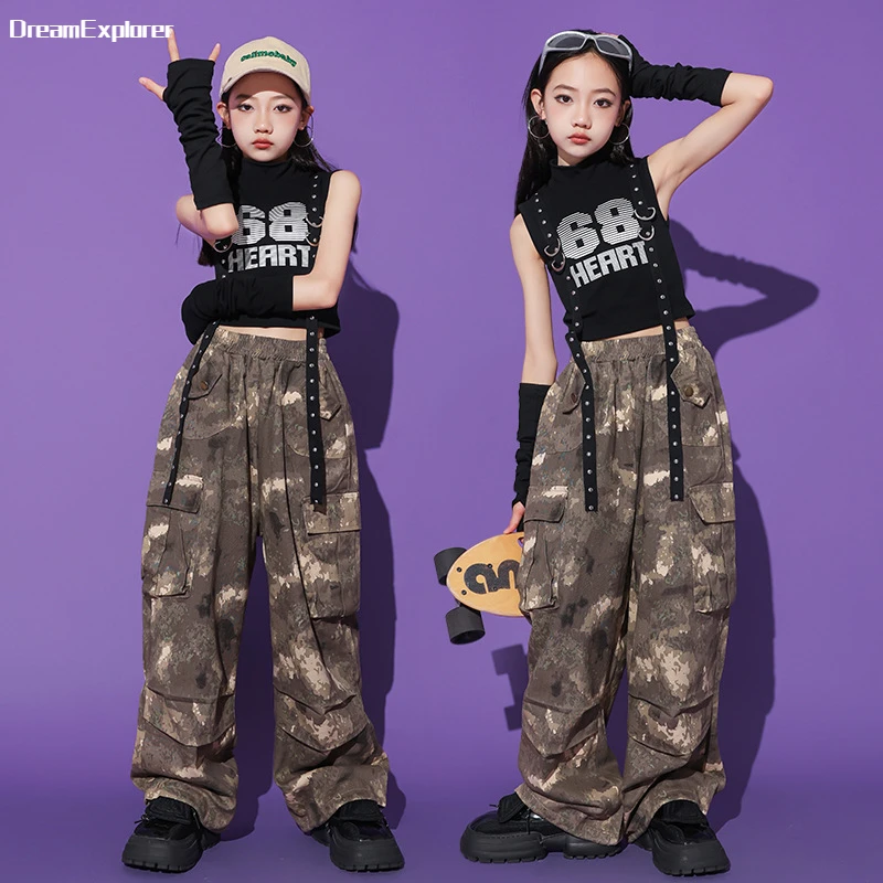 Girls Hip Hop Crop Tank Top Oversleeve Camouflage Cargo Pants Clothes Sets Kids Streetwear Children Street Dance Stage Costumes