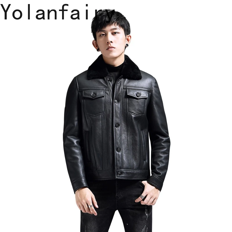 

YOLANFAIRY Natural Fur Coat Man Clothing Winter Genuine Sheepskin Leather Jackets Short Real Wool Fur Jacket Coats Lapel Abrigos