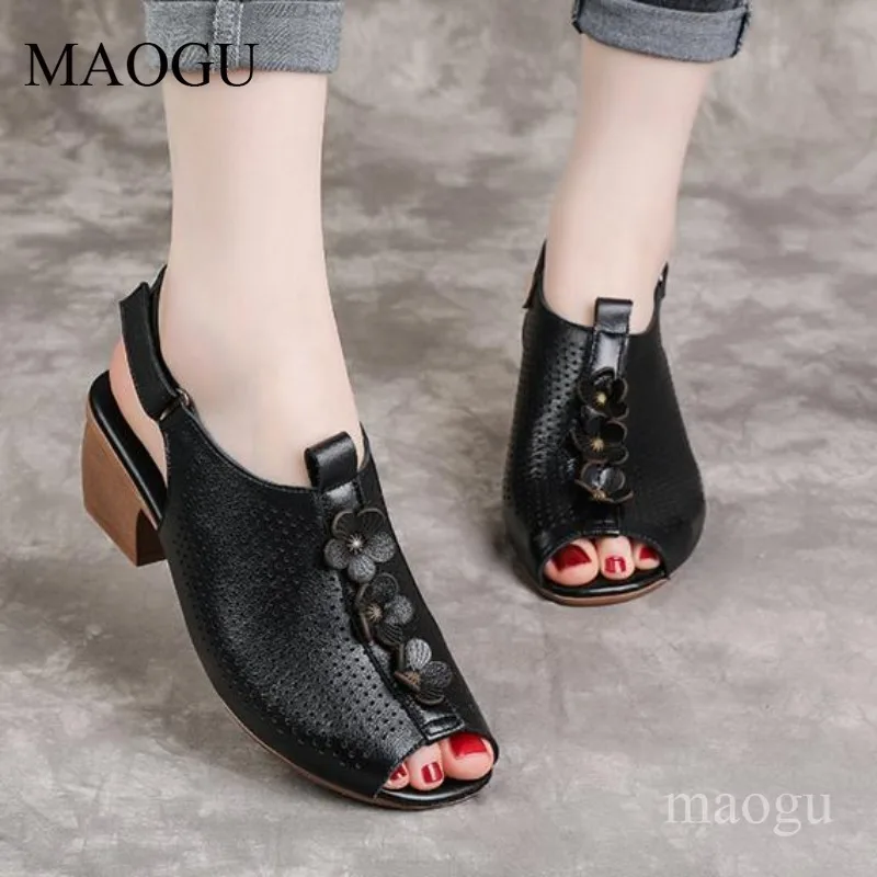 Women's Slingback Block Heel Sandals Floral Peep Toe Vintage Ladies Sandal Size 35-41 Breathable Mom Shoes Sandálias Femininas