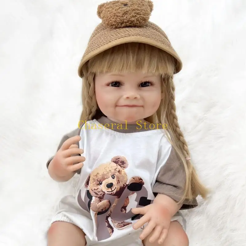 E7CE 인형 Reborns 웃는 보조개 인형 긴 금발 머리 부드러운 비닐 바디 소녀 인형 어린이 선물 21''