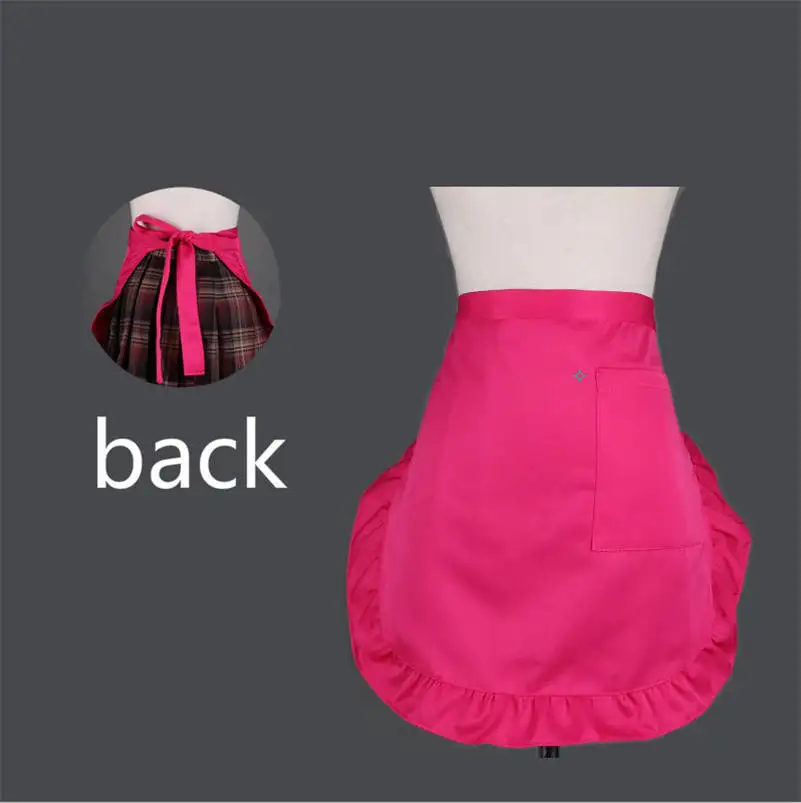 Solid Color Waterproof Half Short Waist Apron Women Cute Frilly Pockets Chef Cafe Server Waiter