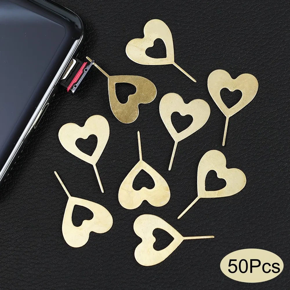 SIM Card Removal Needle Pins Gold Heart Shape Pry Eject Sim Card Tray Open Needle Pin for IPhone Samsung Micro SD Card Tool