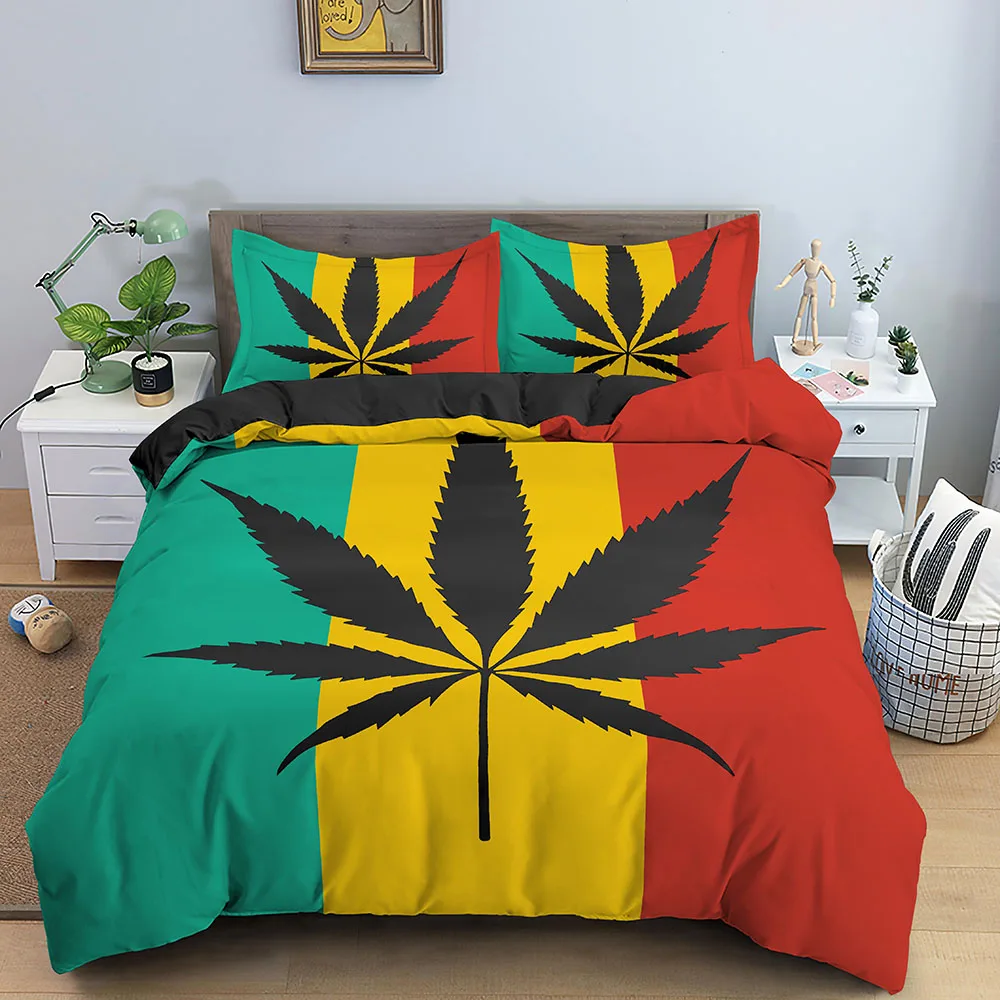 Marijuana Leaf Duvet Cover Set Soft Weed Leaves Plant Bedding Set Microfiber Queen King Quilt Cover Pillowcase 2/3pcs for Teens