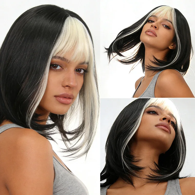 

Black Blonde Bob Wig with Bangs Heat Resistant Synthetic Straight Wig Natural Looking Two Tone Wig for Women Daily Cosplay Party