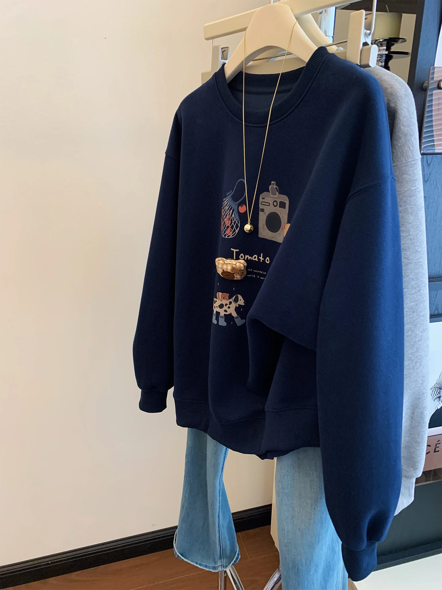 

Свободный крой, американский стиль, женский свитшот, весна-осень, тонкий, повседневный, с круглым вырезом, дизайнерский топ, новинка 2025, синий цвет