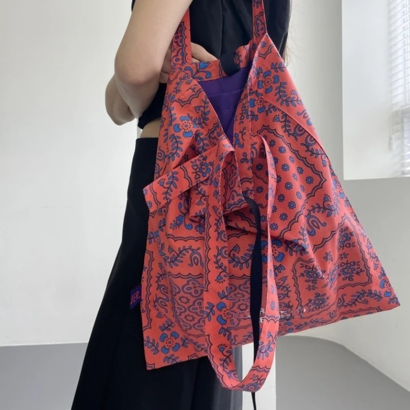 Satin Silky Unique Design Contrasting Color Pattern Retro Totem Portable Shoulder Bag Square Towel Bag