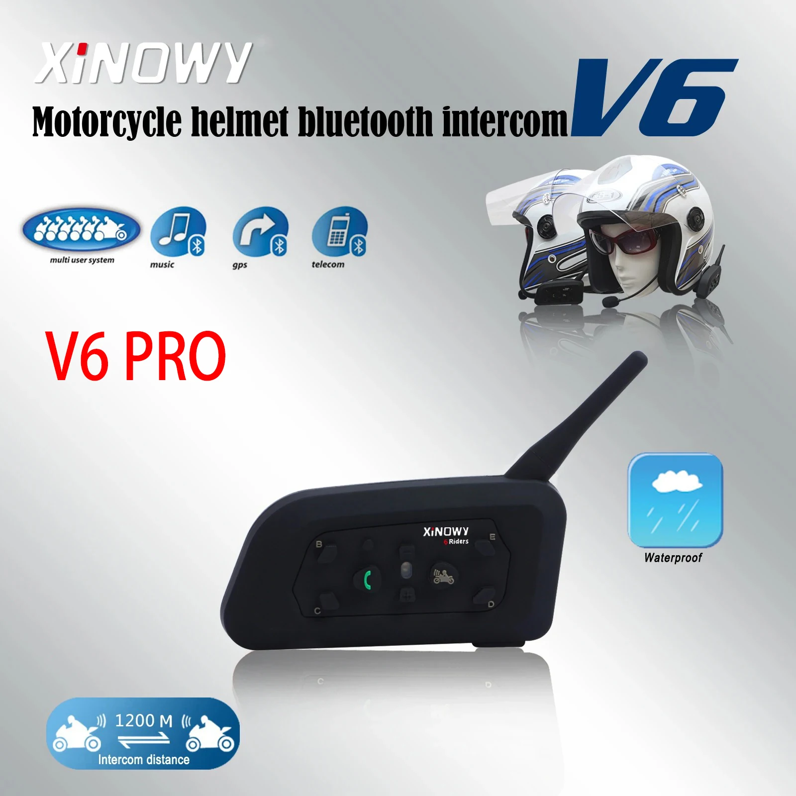 XINOWY V6 Pro Motorcycle Helmet Headset Bluetooth Intercom 850mAh MOTO Communicator 1200m Interphone For 6 Riders