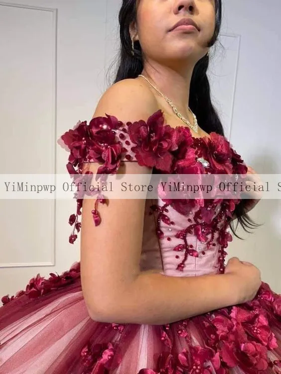 Vestido de fiesta rojo oscuro, vestidos de quinceañera con hombros descubiertos, con cordones en la espalda, tren de barrido, vestido Floral 3D para fiesta de 15 anos personalizado