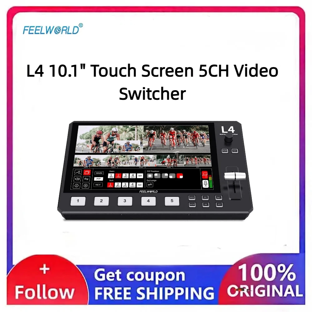 10.1 Inch Touch FEELWORLD L4 Live Switcher 4HDMI+1SDI Input Multi Camera Streaming Mixer