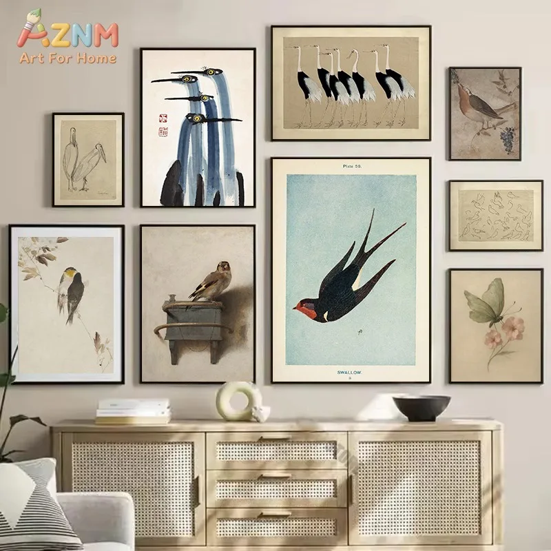 AZNM Unframed Vintage Bird Illustration Canvas Wall Art, Retro Watercolor Swallow Crane Bird Print, Antique Nature Wildlife Post