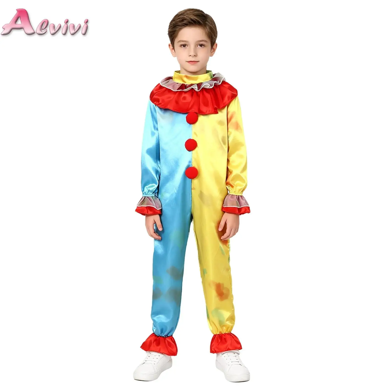 Kids Boys Ruffled Clown Jumpsuit Layered Collar Long Sleeve Leg Opening Jester Bodysuit for Halloween Cosplay Stage Performance
