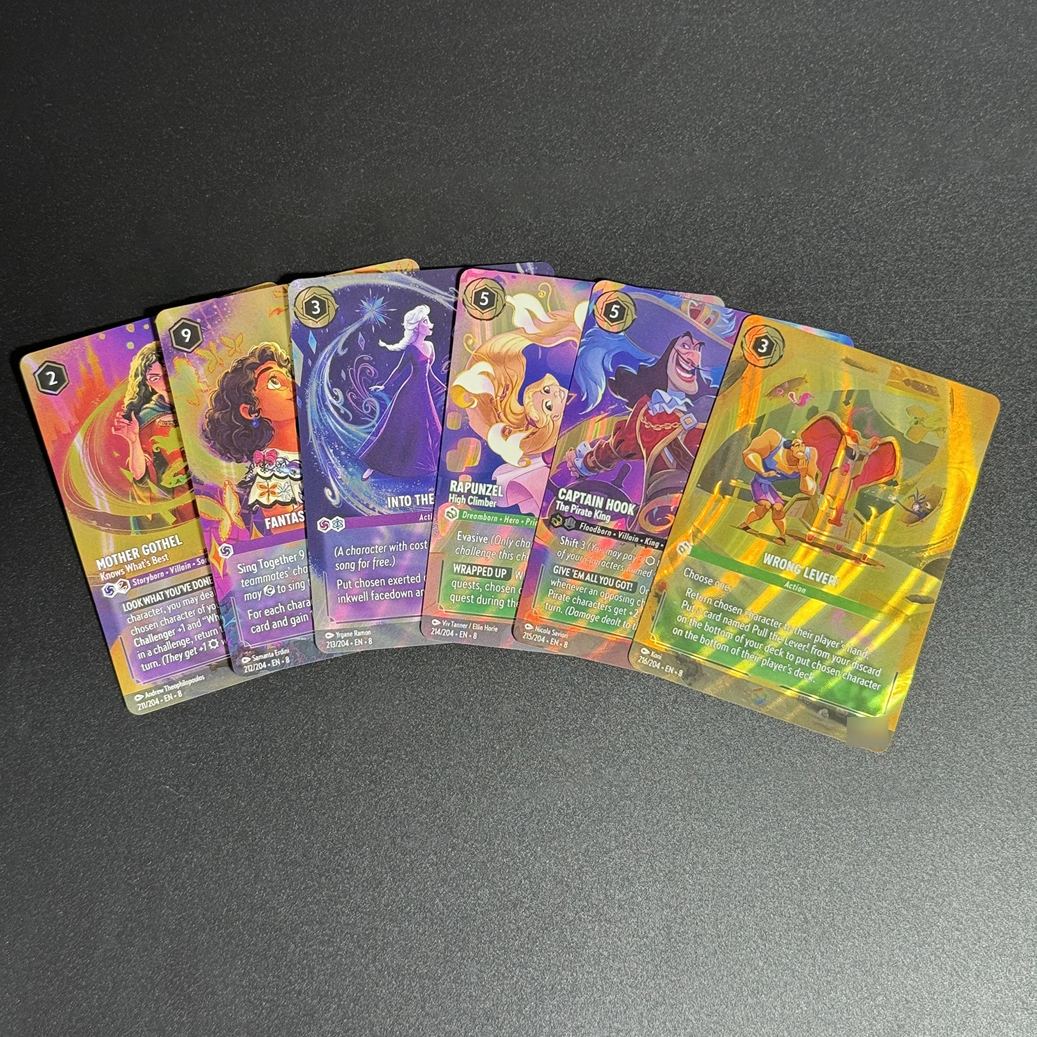 로르카나 엔찬티드 포일 프록시 보드게임 카드 제이파르의 왕좌 TCG 라푼젤 캡틴 후크 밤비 스티치 컬렉션용 (8장)
