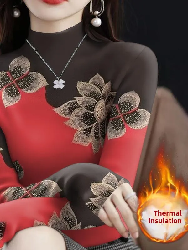 Double-Sided Woolen Long Sleeve Thermal T-Shirt Women's Autumn Winter Half-High Collar Printed Warm Base Shirt Commute Style ...