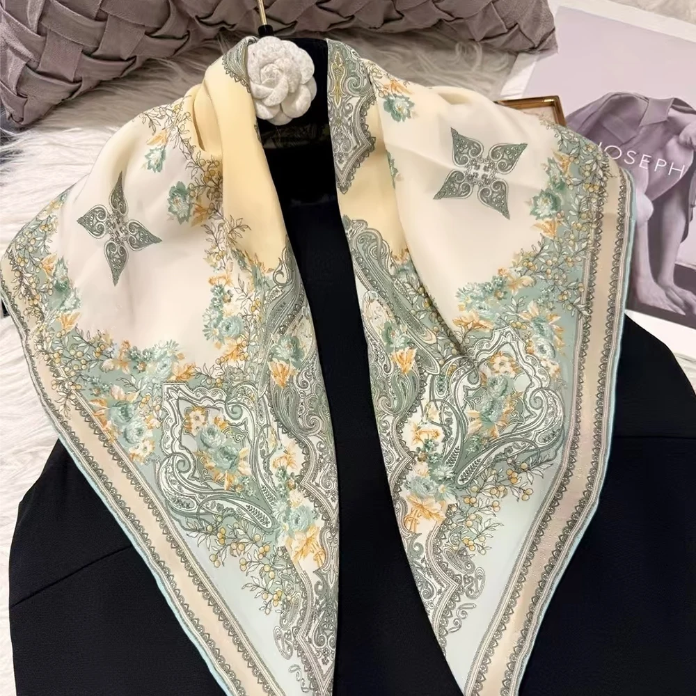 

New Beige Green Women's 100% Mulberry Silk Scarf Neckerchief Spring Fall China Style Paisley Design Square Silk Scarves 65*65cm