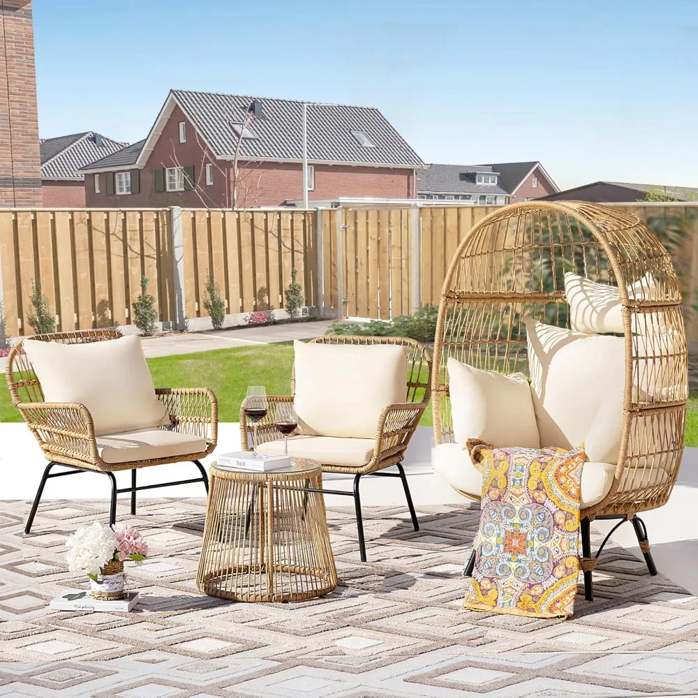 

4 Pcs Boho Outdoor Patio Furniture Set with Egg Chair, Outdoor Bistro Chairs w/Cozy Beige Cushion & Round Side Coffee Table for