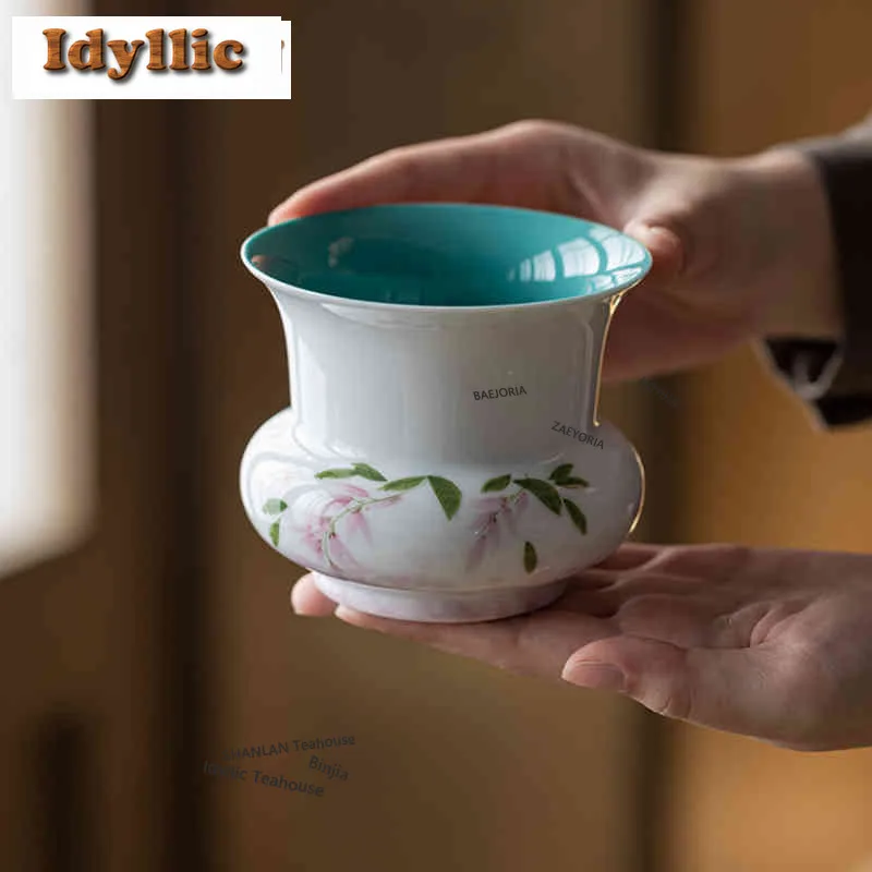 HOYIHM 360ml Hand-painted Wisteria Flower Jianshui Tea Wash Bowl Water Washing Slag Tank Household Chaxi Tea Services Decoration