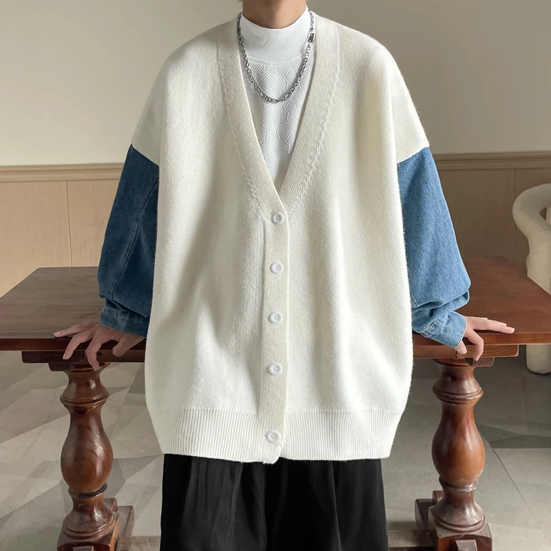 

Denim Patchwork Fake Two-Piece Knitted Sweater Men's Spring Autumn V-Ne Open Cardigan Loose Outerwear Casual American Sle
