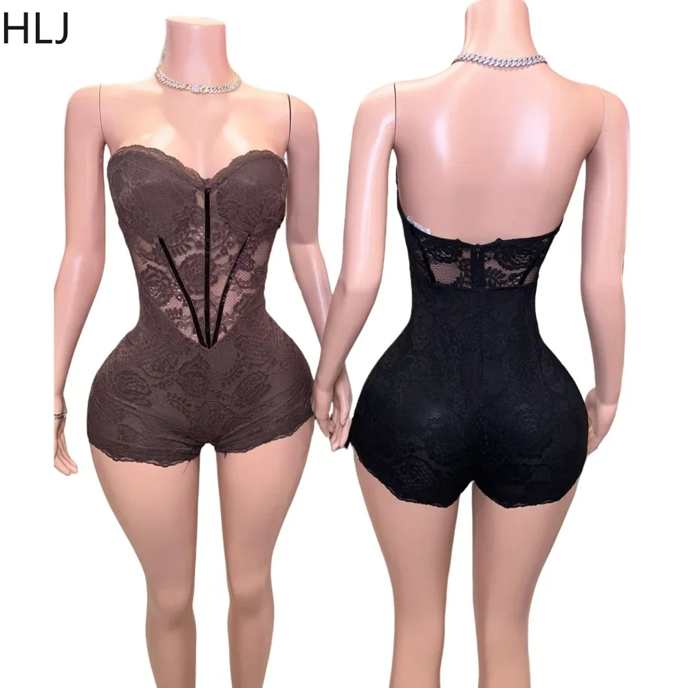 HLJ Sexy Lace See Though Bodycon Tube Rompers Women Off Shoulder Sleeveless Backless Slim One Piece Jumpsuits Fashion Overalls