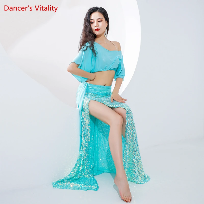 Belly Dance Practice Suit for Women Bellydancing Yarn Short Sleeves Top+Mermaid Sequin Skirt Oriental Dance Exercise Clothing