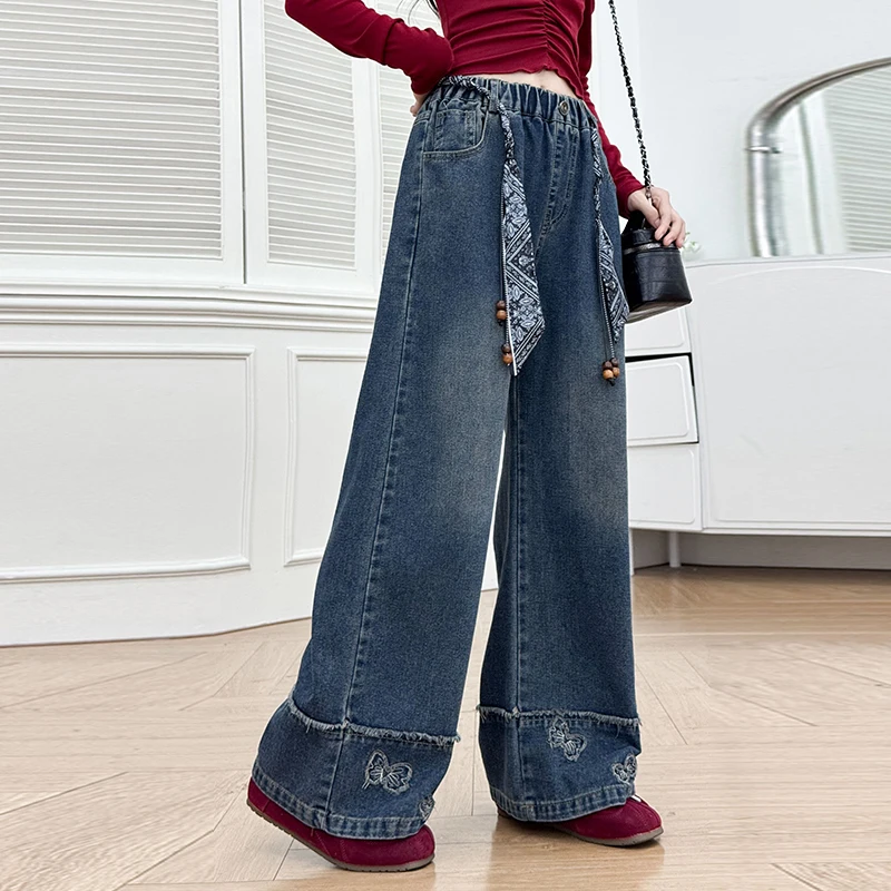 Elegant Children Autumn Butterfly Embroidery Jeans with Belt for Tween Girls Casual Straight Leg Denim Pants Kids Retro Trousers