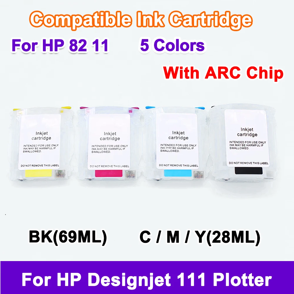 For HP 82 11 refill ink cartridge with permanent chip For HP Designjet 111 HP111 Plotters with ARC chip CH565A  C4836A C4837A