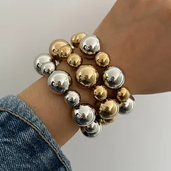 KMVEXO 3PCS Punk Stretch Beads Bracelets Gold Sliver Color Stacked Ball Beaded Bracelet For Women Men Imitation Pearl Jewelry