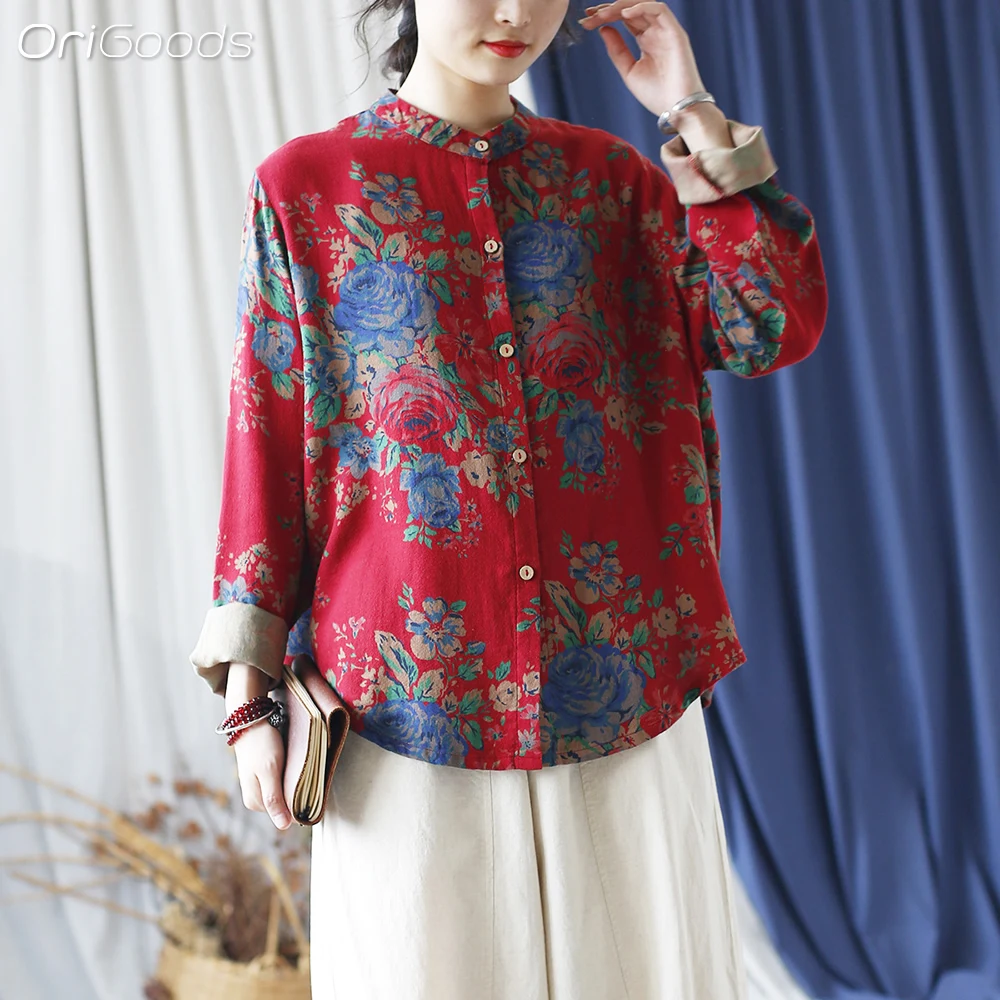 

OriGoods Flower Print Long Sleeve Shirt Women Chinese Style Vintage Floral Red Shirts 2024 New Cotton Linen Loose Tops X018