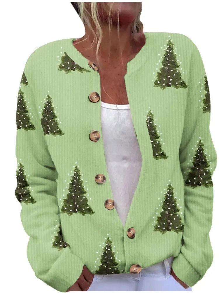 

New Button Cardigan Coat Autumn Winter Casual O Neck Jacket Festive 3d Christmas Print Women's Loose Jacket For Holiday Season