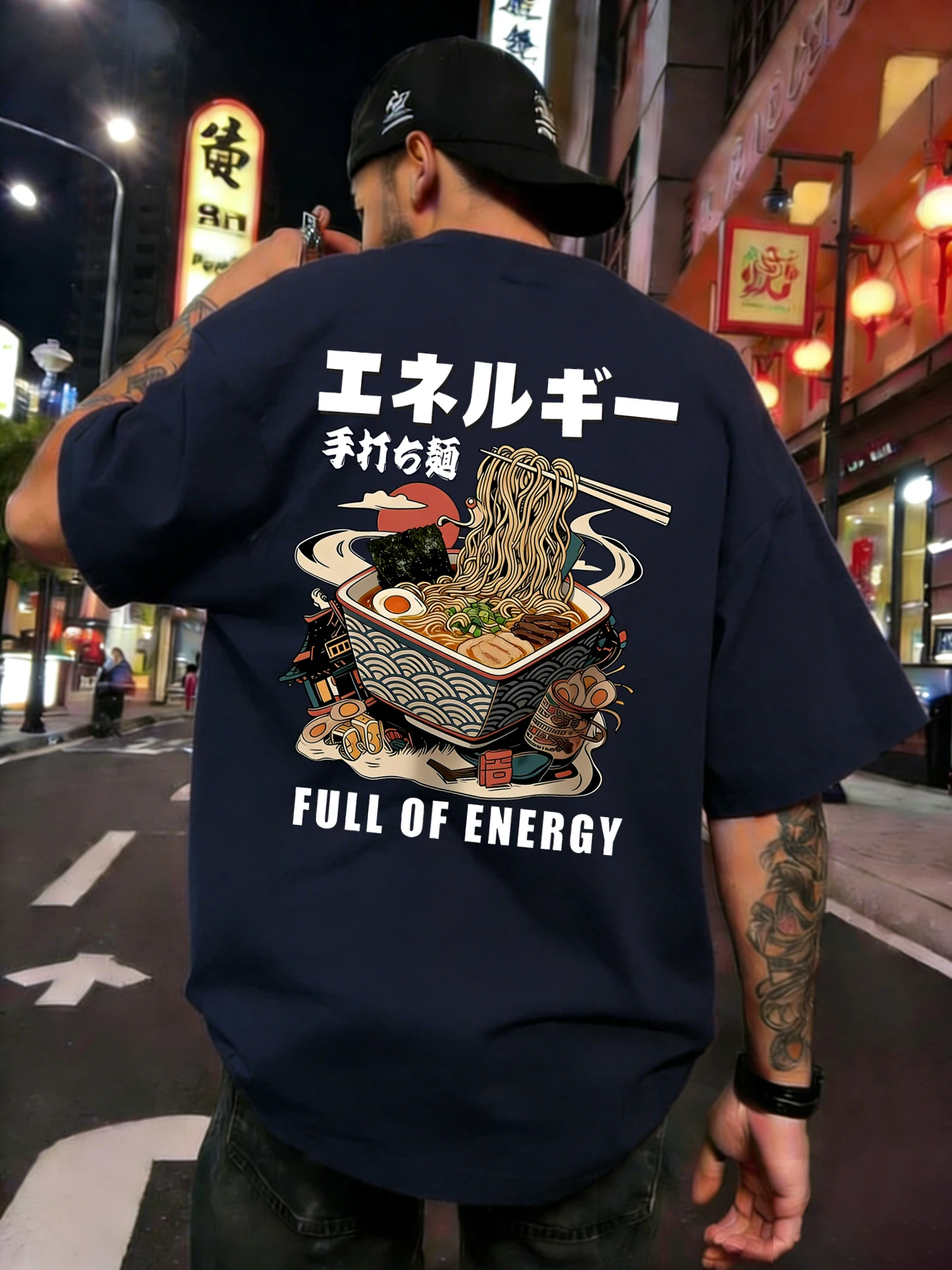 Hot Hand Beating Lamian Noodlesprint Short Sleeve Men Cotton Colour Crewneck T-Shirt All-Match Soft Top Summer Oversized T Shirt