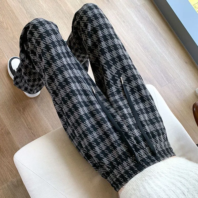 Simplicity Vintage Autumn New Pants Women Plaid Drawstring Elastic High Waist Fashion Straight Casual Loose Wide Leg Trousers