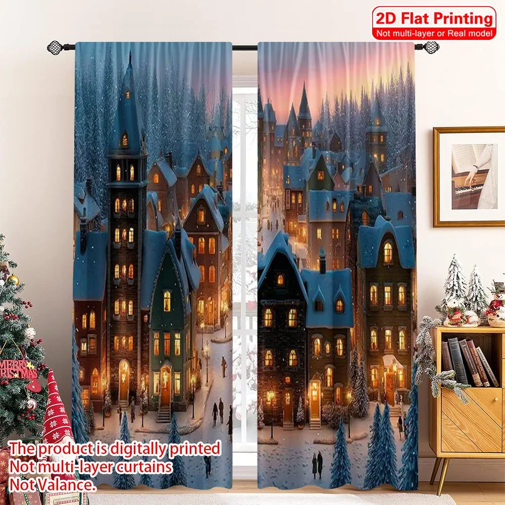 

2pcs 2D flat printing Merry Christmas Popular Curtains Beautiful winter snow city 100% Polyester Without Electricity Festive