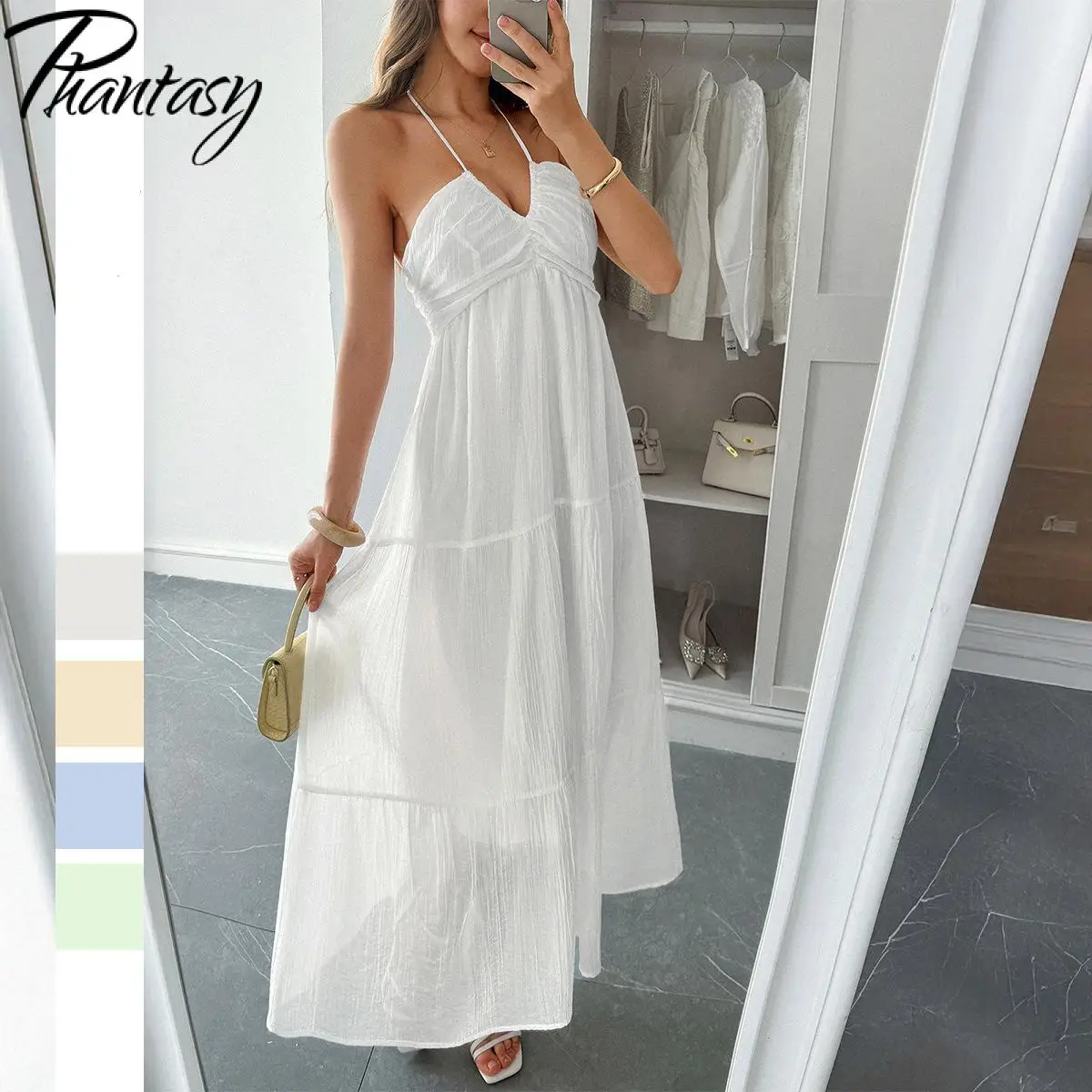 

Phantasy Solid Color V-Neck Dress Elegant Holiday Style Hanging Neck Seaside Atmosphere Dress Backless Lace Up Skirt 2025 Summer