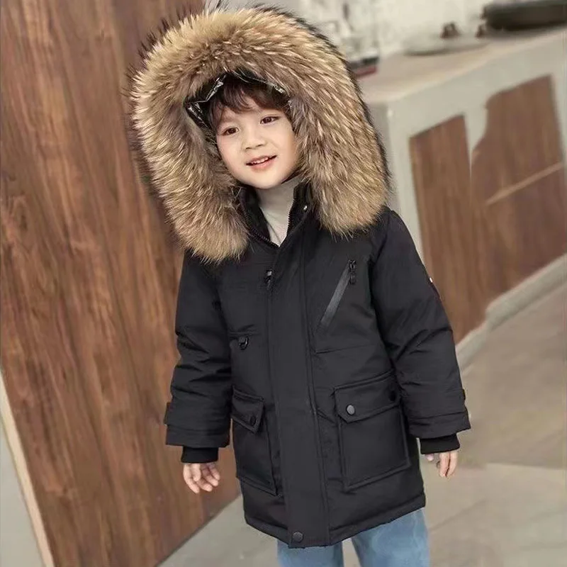 Children Thickened Down Jackets Boys Winter Large Fur Collar Coats 2024 New Kids Warm Hooded Outerwear Teenager Cotton Clothing