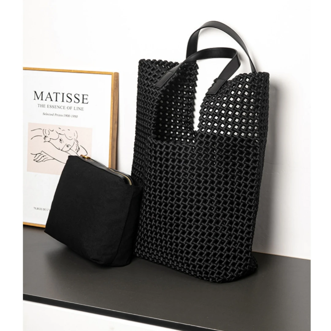 

New Trendy Women's Basket Style Underarm Bag Fashion Casual Commuter Mother-Child Bag Large Capacity Hollow Out Woven Tote Bag