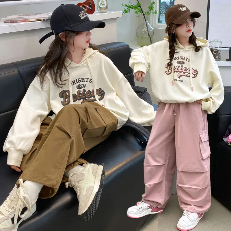 

Korean Children Girls Two-piece Sets Letter Printed Hooded Sweatshirt+Drawstring Cargo Pant 4-14 Girls Sets Fashion Kid Girl Set