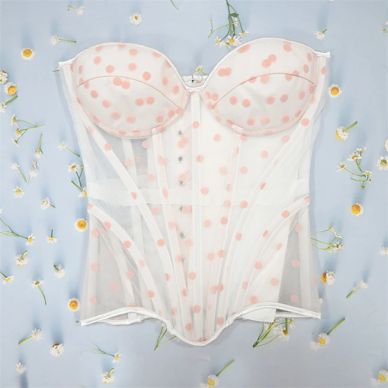 

Прозрачный сетчатый корсет в розовый горошек, топ с v-образным вырезом, сексуальные прозрачные топы-бюстье для женщин, корсет, корректирующее белье на талии, нижнее белье Overbust