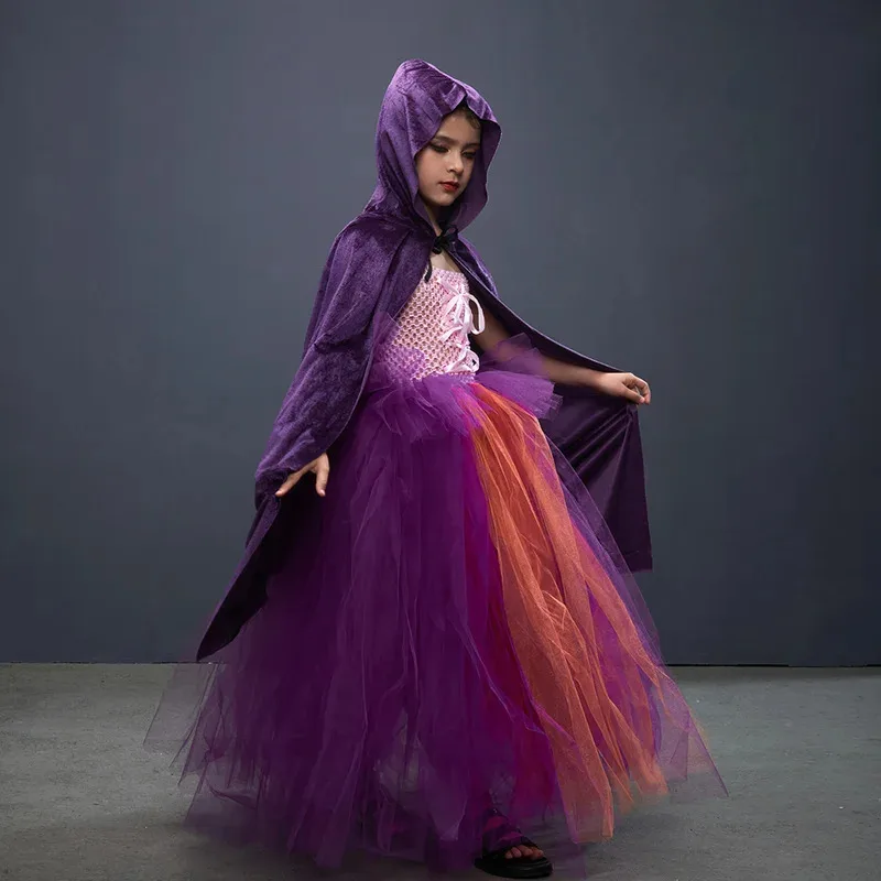 Disfraz para niñas Hocus Pocus Salem disfraz de hermanas de bruja niños vestido elegante de Halloween vestido tutú con capa para traje de fiesta Cosplay