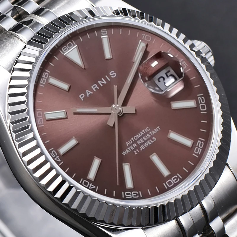 Top Luxury Watch Parnis 39.5mm Brown Dial Men's Automatic Mechanical Watch Sapphire Crystal Calendar Men Watches reloj hombre