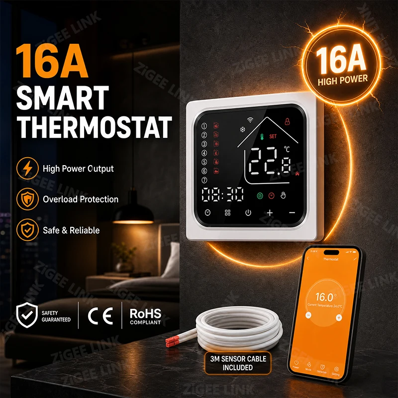 WiFi Smart Thermostat 16A Electric Underfloor Heating Controller ±0.5℃ Precision With 3M Sensor Cable Work With Alexa Google