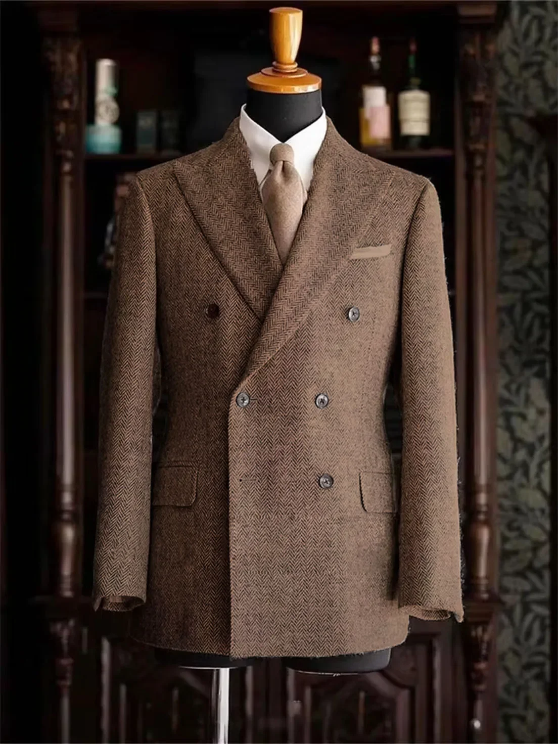 

Мужской пиджак-блейзер (1 шт.) в елочку, стильный, удобный, приталенный, повседневный, двубортный, для мужского костюма