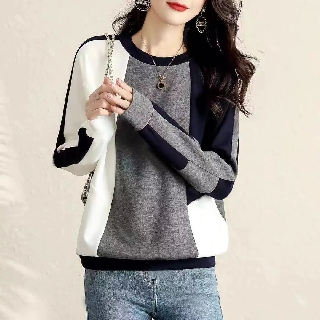 Women Early Autumn New Round Neck Pullover Fashion Retro Contrasting Splicing Fleece Warm Casual and Versatile Long Sleeved Tops