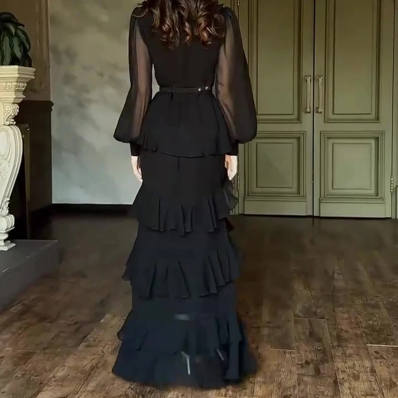 Dames casual lange mouw effen kleur feestjurk mode gedrapeerde ruches slanke lange jurk elegante o-hals hoge taille herfstjurk