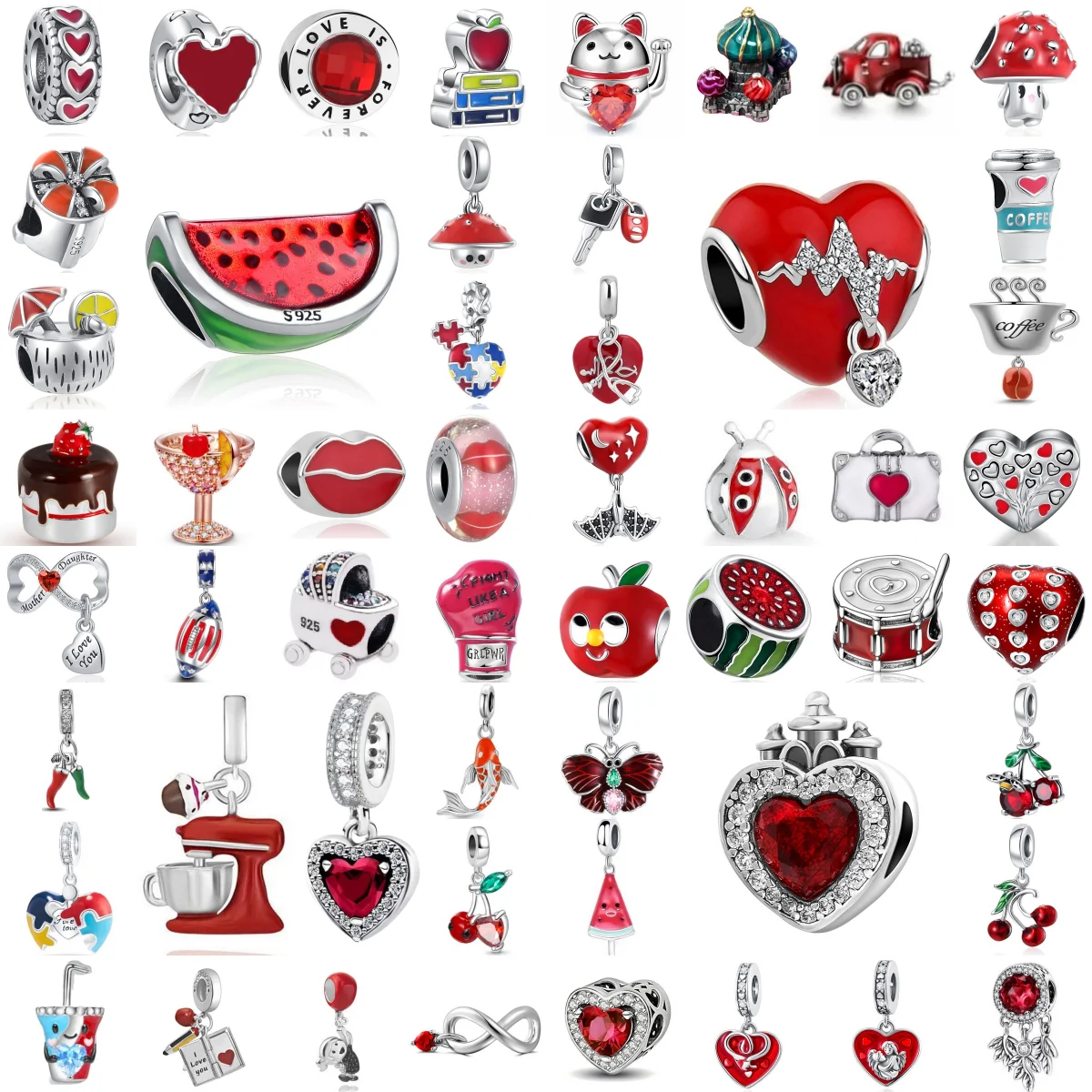 

925 Silver Red Series Watermelon Cake Apple Love Talisman, Fit Bracelet DIY Women's Jewelry Pendant Valentine's Day Party Gift